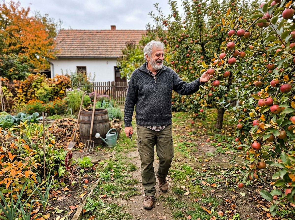 László a kertjében sétálva